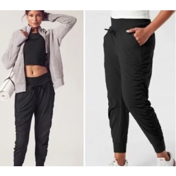 Athleta Black Ruched Capri Pants Elastic Waist Drawstring Activewear Sz 14 - Picture 1 of 6